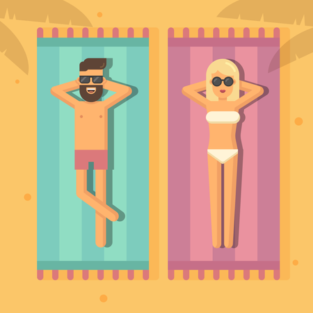 Hombre y mujer tomando el sol en la playa.  Ilustración