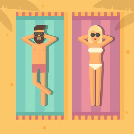 Hombre y mujer tomando el sol en la playa.  Ilustración