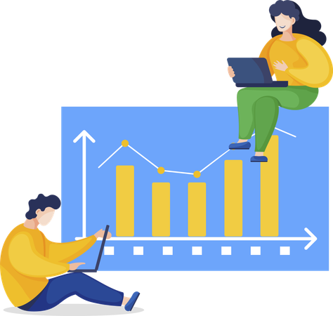 Hombre y mujer trabajando en computadoras portátiles con gráficos de datos  Ilustración