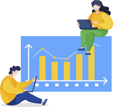 Hombre y mujer trabajando en computadoras portátiles con gráficos de datos  Ilustración