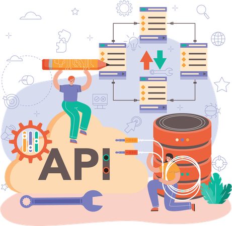 Hombre y mujer trabajando en el desarrollo de API.  Illustration