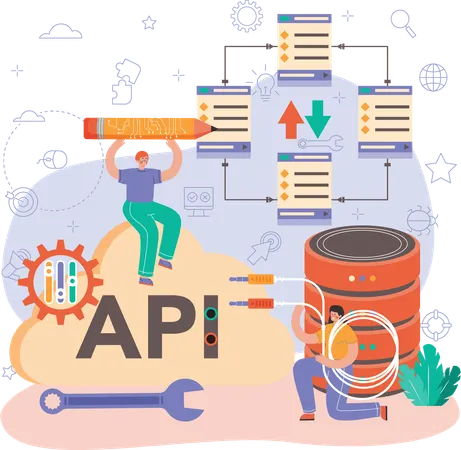 Hombre y mujer trabajando en el desarrollo de API.  Illustration