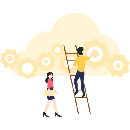 Un Hombre En Una Escalera Haciendo Configuracion De Nubes Ilustración