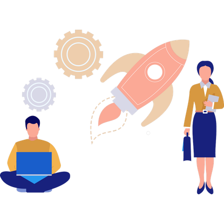 Hombre y mujer trabajando en la gestión de startups.  Ilustración