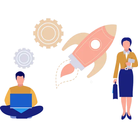 Hombre y mujer trabajando en la gestión de startups.  Ilustración