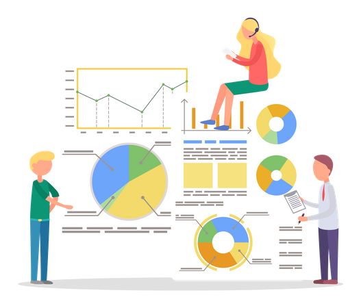 Hombre y mujer trabajando en gráficos de análisis de negocios  Ilustración