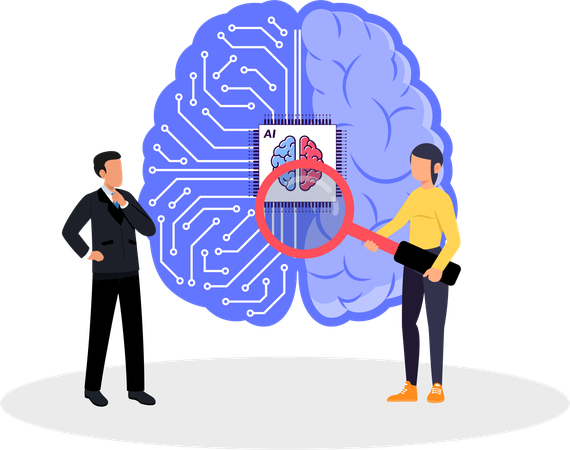 Hombre y mujer trabajando en tecnología cerebral AI  Ilustración
