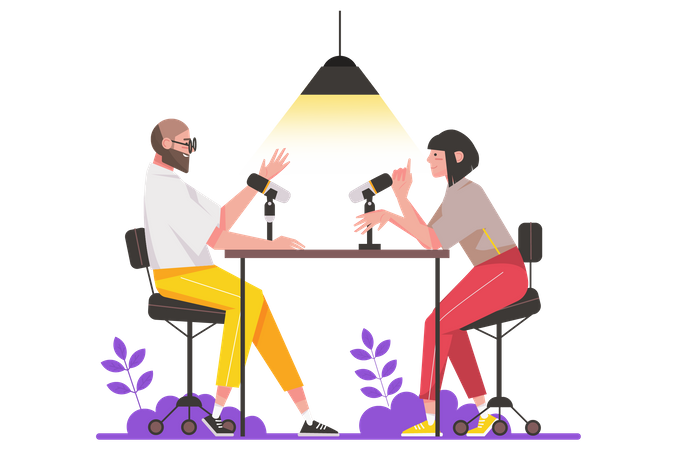 Hombre y mujer transmiten podcast en vivo.  Illustration