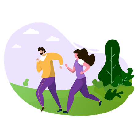 Hombre y mujer corriendo en el parque  Ilustración