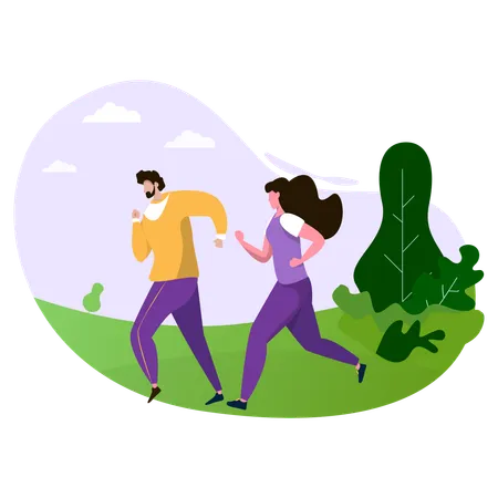 Hombre y mujer corriendo en el parque  Ilustración