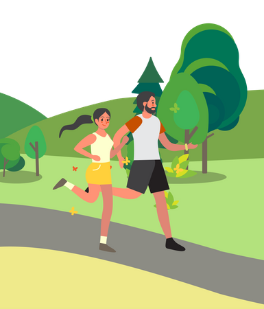 Hombre y mujer corriendo en el parque  Ilustración