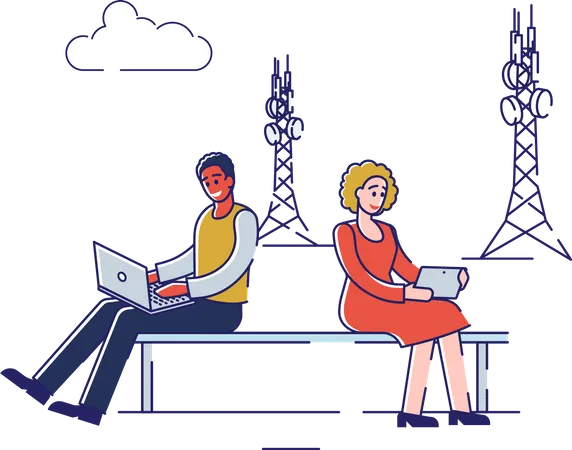 Hombre y mujer que utilizan tecnología de Internet de alta velocidad para comunicación y gadgets  Ilustración