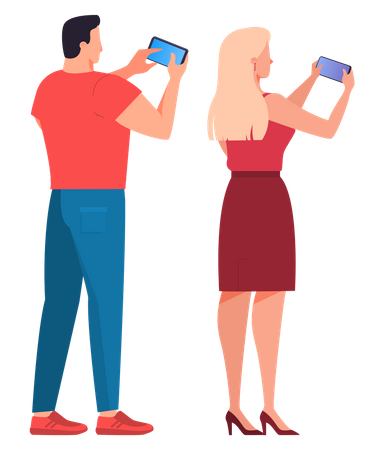 Hombre y mujer usando teléfono móvil  Ilustración