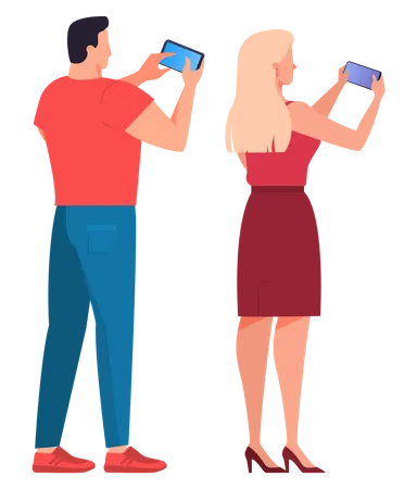 Hombre y mujer usando teléfono móvil  Ilustración