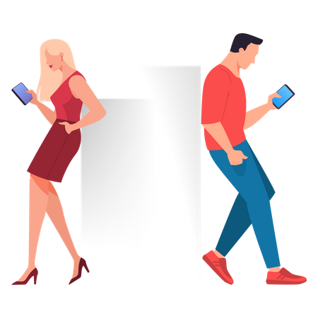 Hombre y mujer usando teléfono móvil  Ilustración