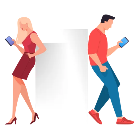 Hombre y mujer usando teléfono móvil  Ilustración