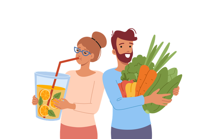 Hombre y mujer veganos apasionados por la alimentación cruda  Illustration