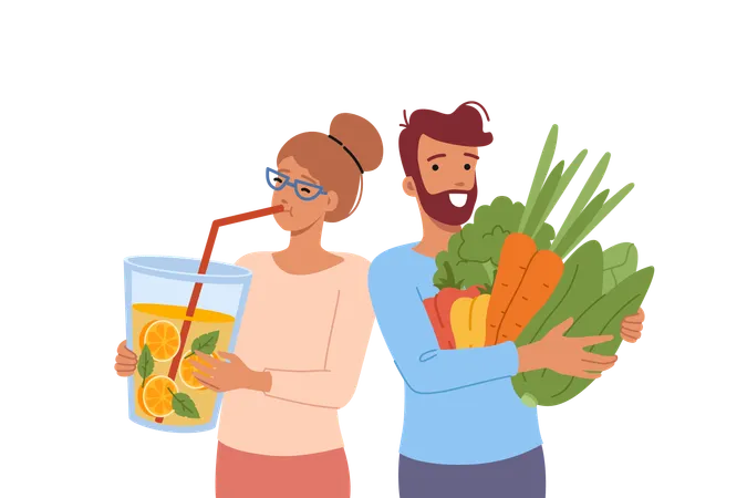 Hombre y mujer veganos apasionados por la alimentación cruda  Illustration