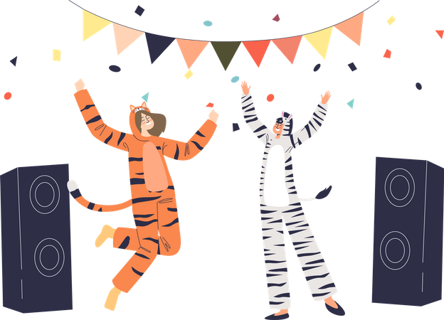 Un hombre y una mujer vestidos con tigres y cebras bailan en una fiesta nocturna  Ilustración