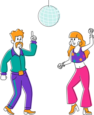 Hombres y mujeres vistiendo trajes retro estilizados bailan en una fiesta disco  Ilustración