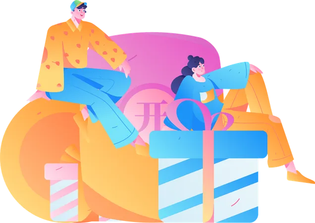Hombre y niña con regalo angpow.  Ilustración