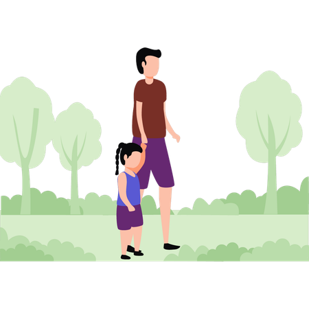 Hombre y niño caminando en el bosque  Ilustración