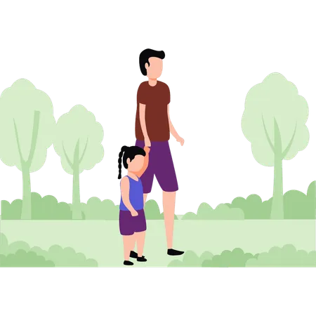 Hombre y niño caminando en el bosque  Ilustración