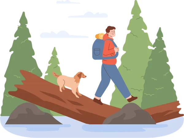 Hombre y perro caminando sobre la raíz del árbol  Ilustración