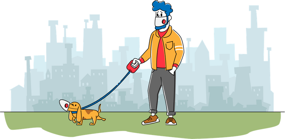 Hombre y perro con máscaras faciales caminando al aire libre en medio de una pandemia de coronavirus  Ilustración