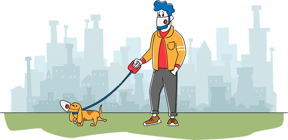 Hombre y perro con máscaras faciales caminando al aire libre en medio de una pandemia de coronavirus  Ilustración