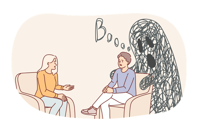 El hombre y el psicoterapeuta se sientan en una silla hablando de miedos y problemas.  Ilustración