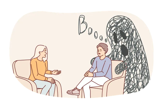 El hombre y el psicoterapeuta se sientan en una silla hablando de miedos y problemas.  Ilustración