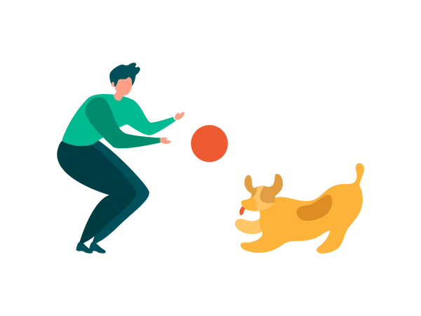 Hombre y su mascota jugando con pelota en el parque  Ilustración