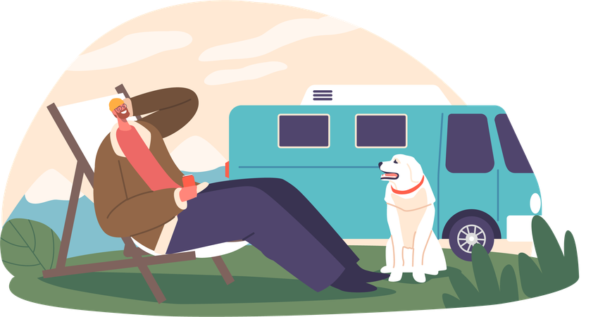 Hombre y su perro disfrutan de un fin de semana tranquilo al aire libre  Ilustración