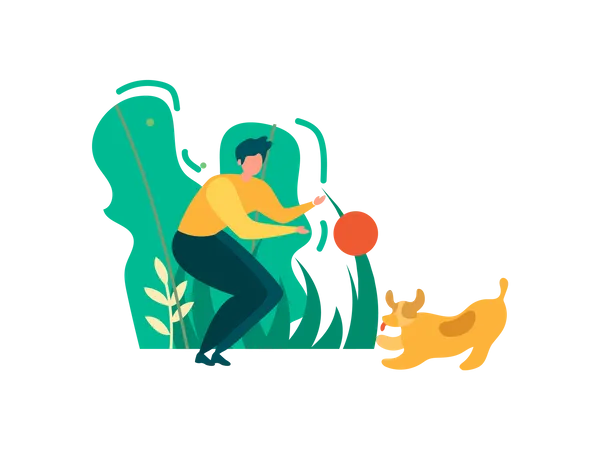 El hombre y su perro jugando con la pelota en el parque  Ilustración