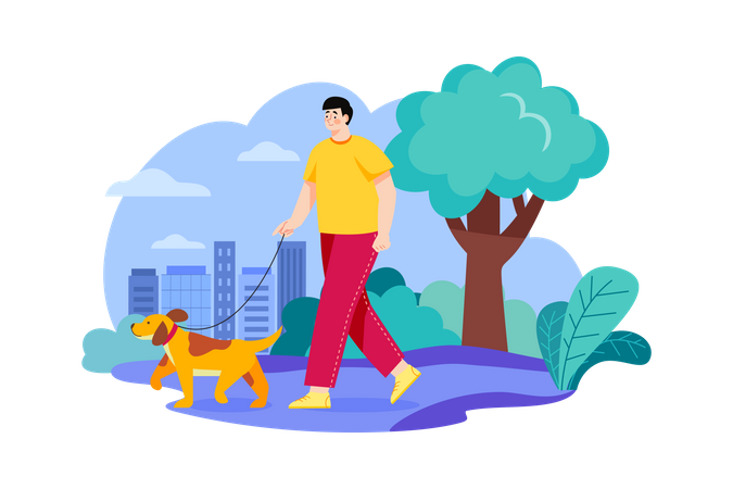 Hombre yendo a caminar por la mañana con perro  Ilustración