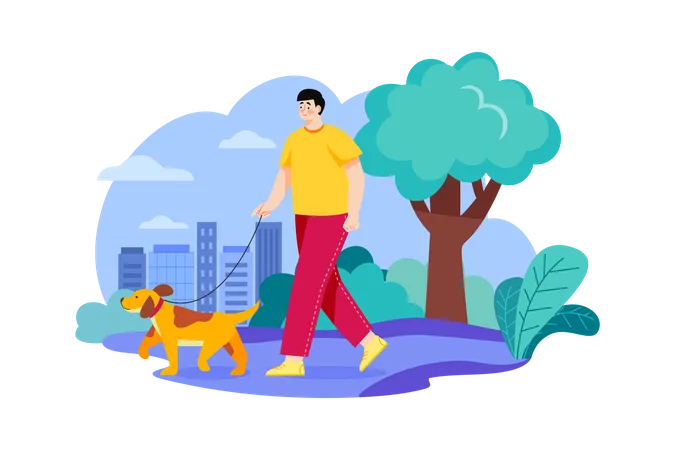 Hombre yendo a caminar por la mañana con perro  Ilustración