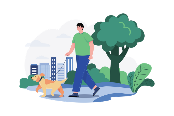 Hombre yendo a caminar por la mañana con perro  Ilustración