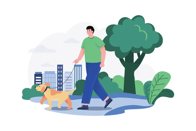 Hombre yendo a caminar por la mañana con perro  Ilustración