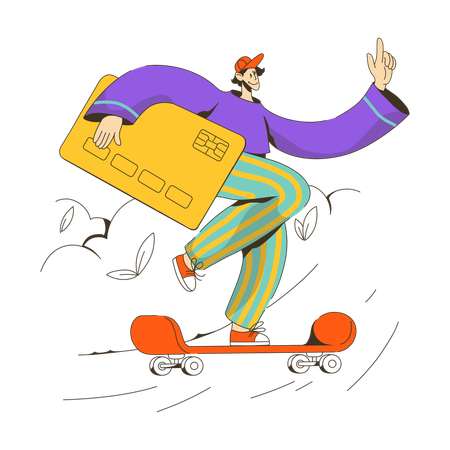 Hombre va a patinar con tarjeta de débito  Ilustración