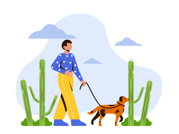 Hombre saliendo a caminar por la mañana con su perro  Ilustración