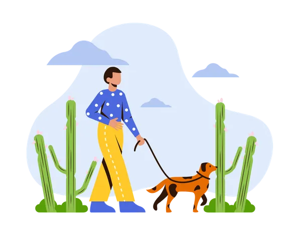 Hombre saliendo a caminar por la mañana con su perro  Ilustración