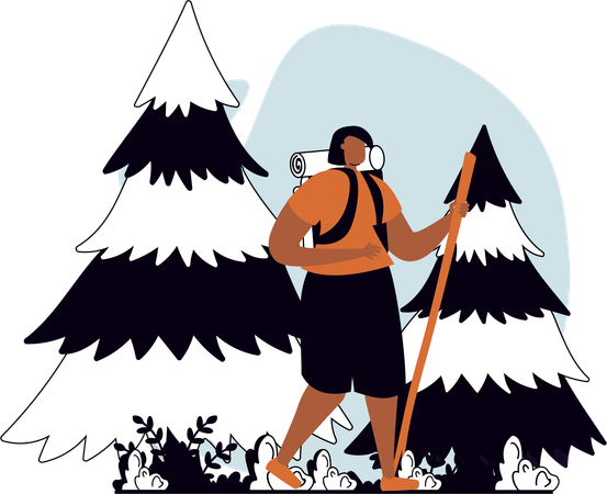 Hombre va de excursión en invierno  Ilustración