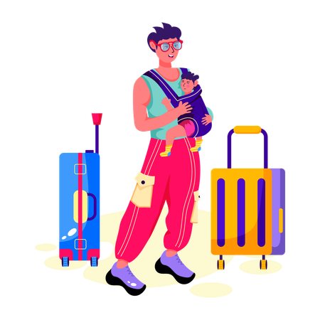 Hombre va de vacaciones en familia con un niño pequeño  Ilustración