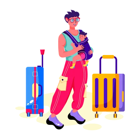 Hombre va de vacaciones en familia con un niño pequeño  Ilustración