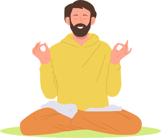 Hombre yogui sonriente y pacífico meditando y practicando la respiración y el alivio del estrés  Ilustración