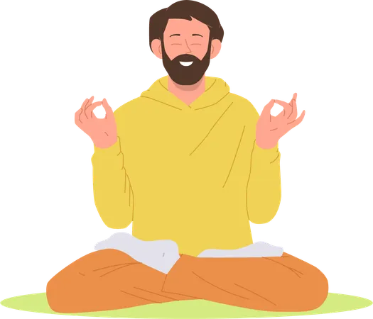 Hombre yogui sonriente y pacífico meditando y practicando la respiración y el alivio del estrés  Ilustración