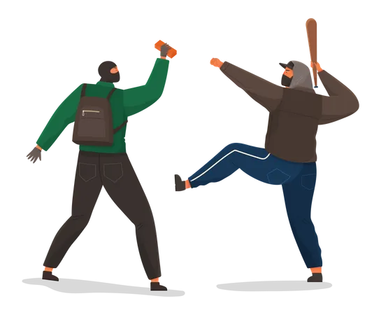 Hombres agresivos con un bate de béisbol y un ladrillo.  Ilustración