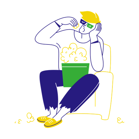 Hombre comiendo palomitas de maíz en el cine  Ilustración