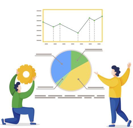 Hombres de pie junto a un tablero con diagramas de datos analíticos  Ilustración